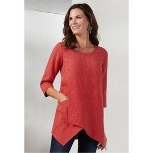 Soft Surroundings Womens Sz L Red Asymmetrical Cotton Jacquard Tunic Top Blouse
